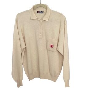 Vintage Morgat Cream Wool Knit Polo Sweater | Made in Spain | Floral Embroidery
